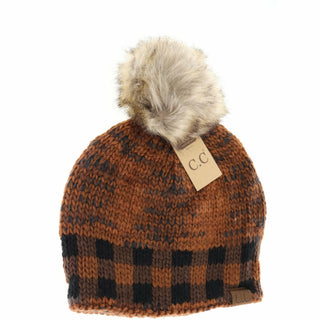 Buffalo Check Mixed Print Pom Beanie