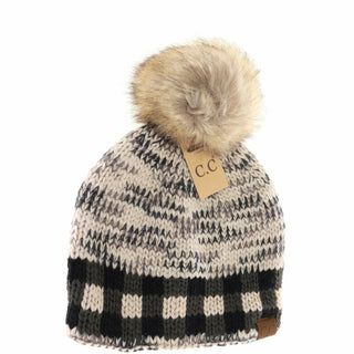 Buffalo Check Mixed Print Pom Beanie