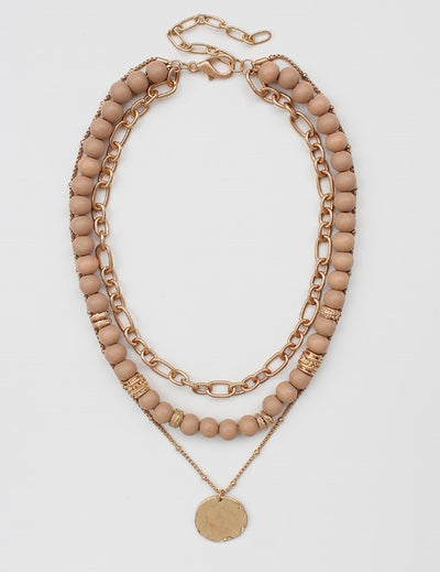 Wood Beaded Hammered Coin Necklace