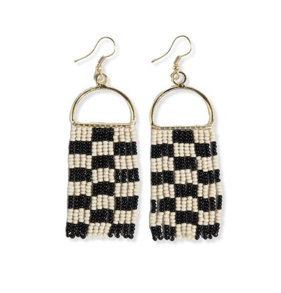 Check Stripe On Arch Fringe Seed Bead Earrings