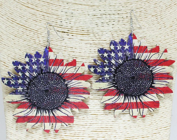 American Flag Sunflower Wooden Earring
