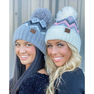 Aztec Chevron Knit Pom Beanie - Bray and Em Boutique