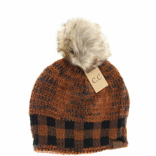 Buffalo Check Mixed Print Pom Beanie - Bray and Em Boutique
