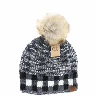 Buffalo Check Mixed Print Pom Beanie - Bray and Em Boutique