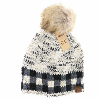 Buffalo Check Mixed Print Pom Beanie - Bray and Em Boutique