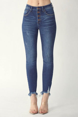 Button Fly Raw Hem Skinny - Bray and Em Boutique