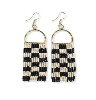 Check Stripe On Arch Fringe Seed Bead Earrings - Bray and Em Boutique