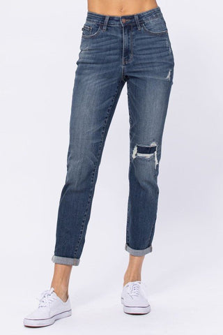 High Rise Boyfriend Distressed Knee - Bray and Em Boutique